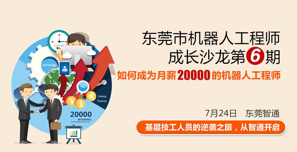 東莞市工業(yè)機器人工程師成長沙龍第六期，時間7月24日，地點東莞智通培訓學院。